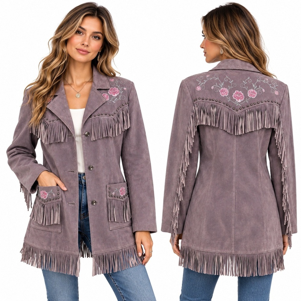 Vintage 90s Roper Leather Fringe Jacket S Lilac Embroidered Rose Western Cowgirl